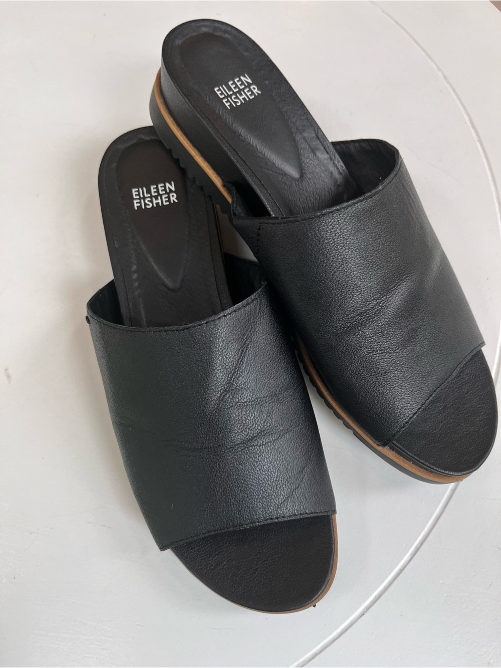 Eileen Fisher Black Leather Open-Toe Slide Mules